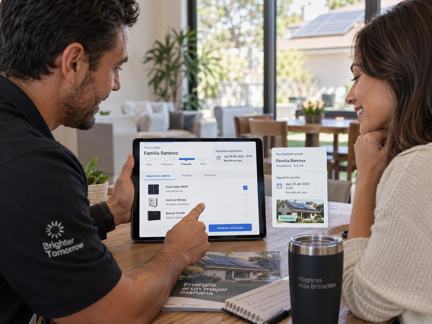 Vendedor de paneles solares usando CRM conectado a una cotización en tablet