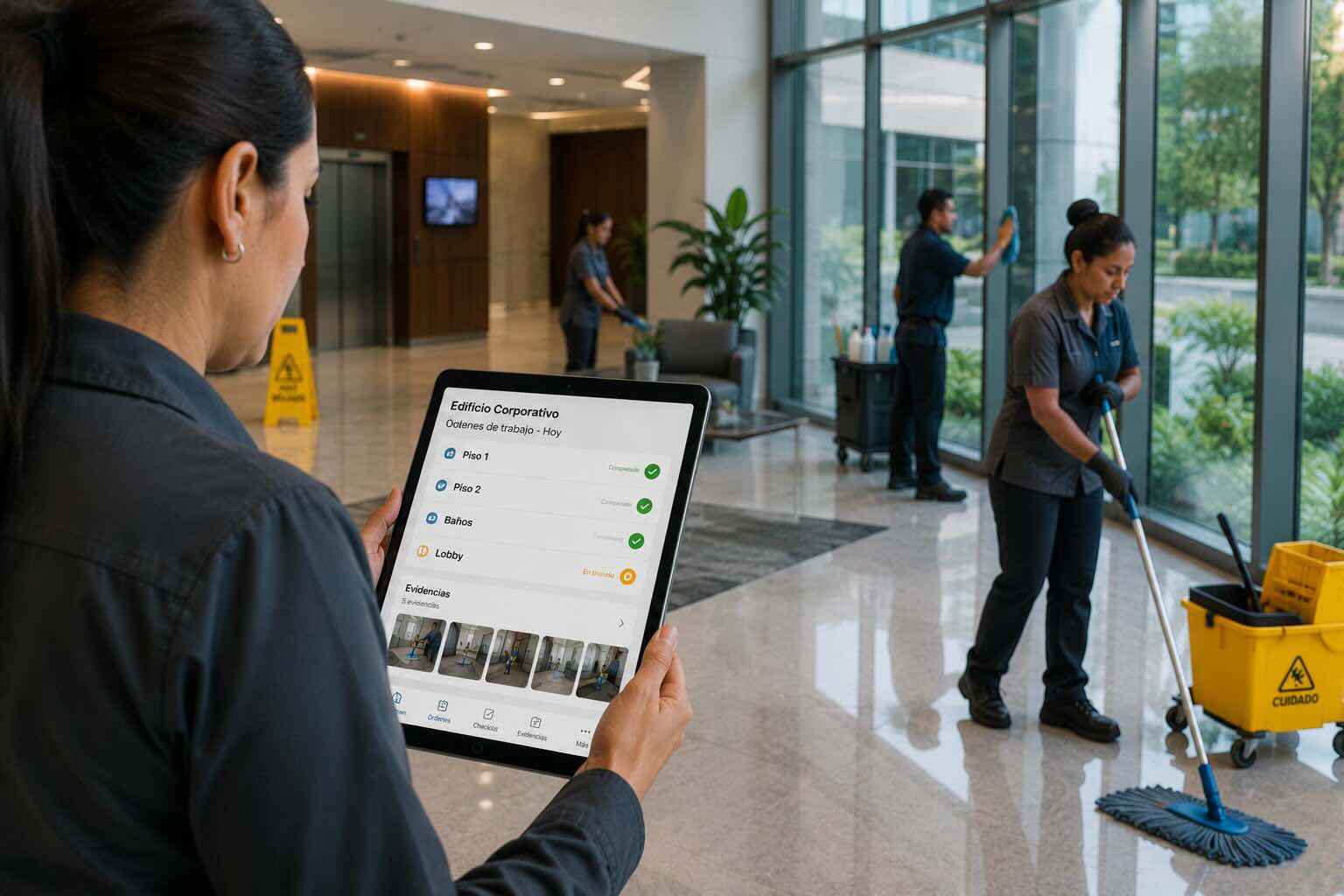 Supervisor revisando órdenes de trabajo, evidencias y checklists de personal de limpieza