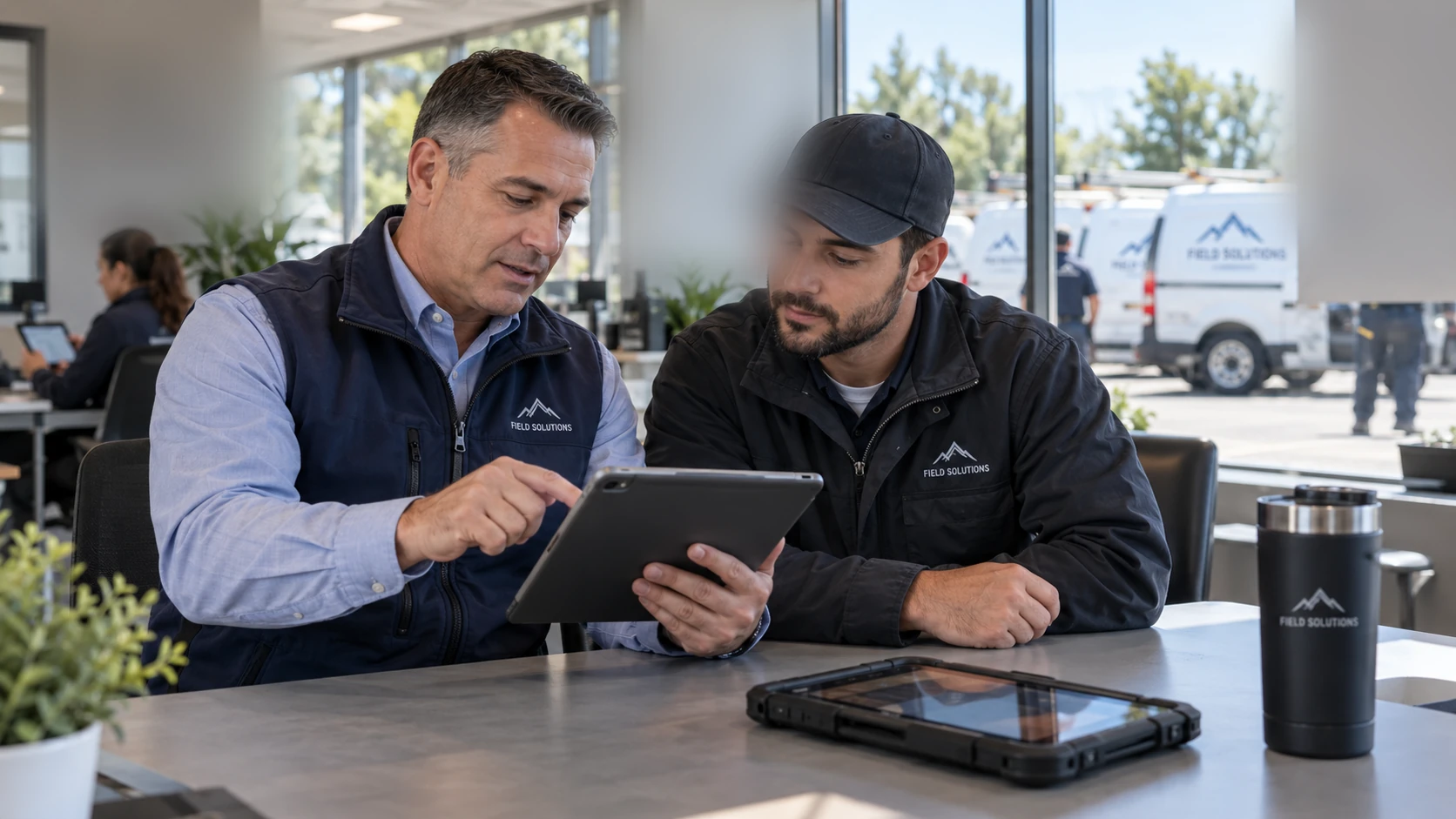 Supervisor y técnico creando y asignando una orden desde una tablet.