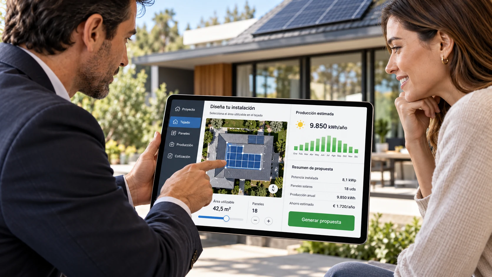 Simulador de paneles solares configurando el área útil del techo