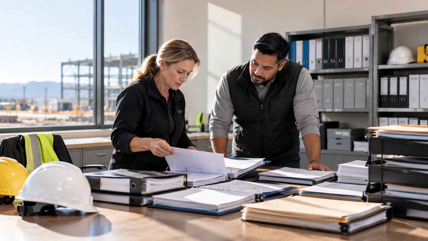 Operations managers reviewing contractor documents and technical records