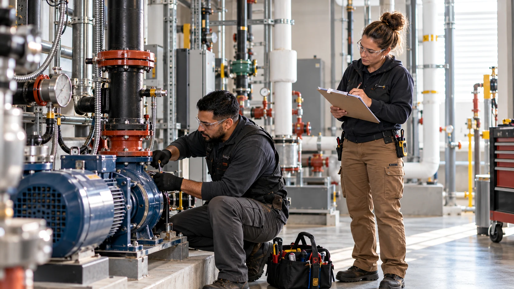 Technician and supervisor inspecting industrial maintenance equipment