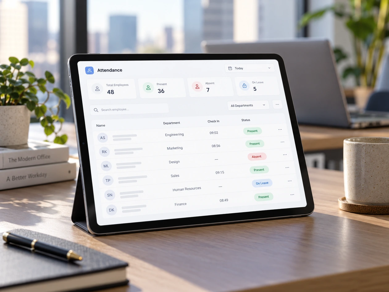 Tablet showing an attendance dashboard in a modern office setting